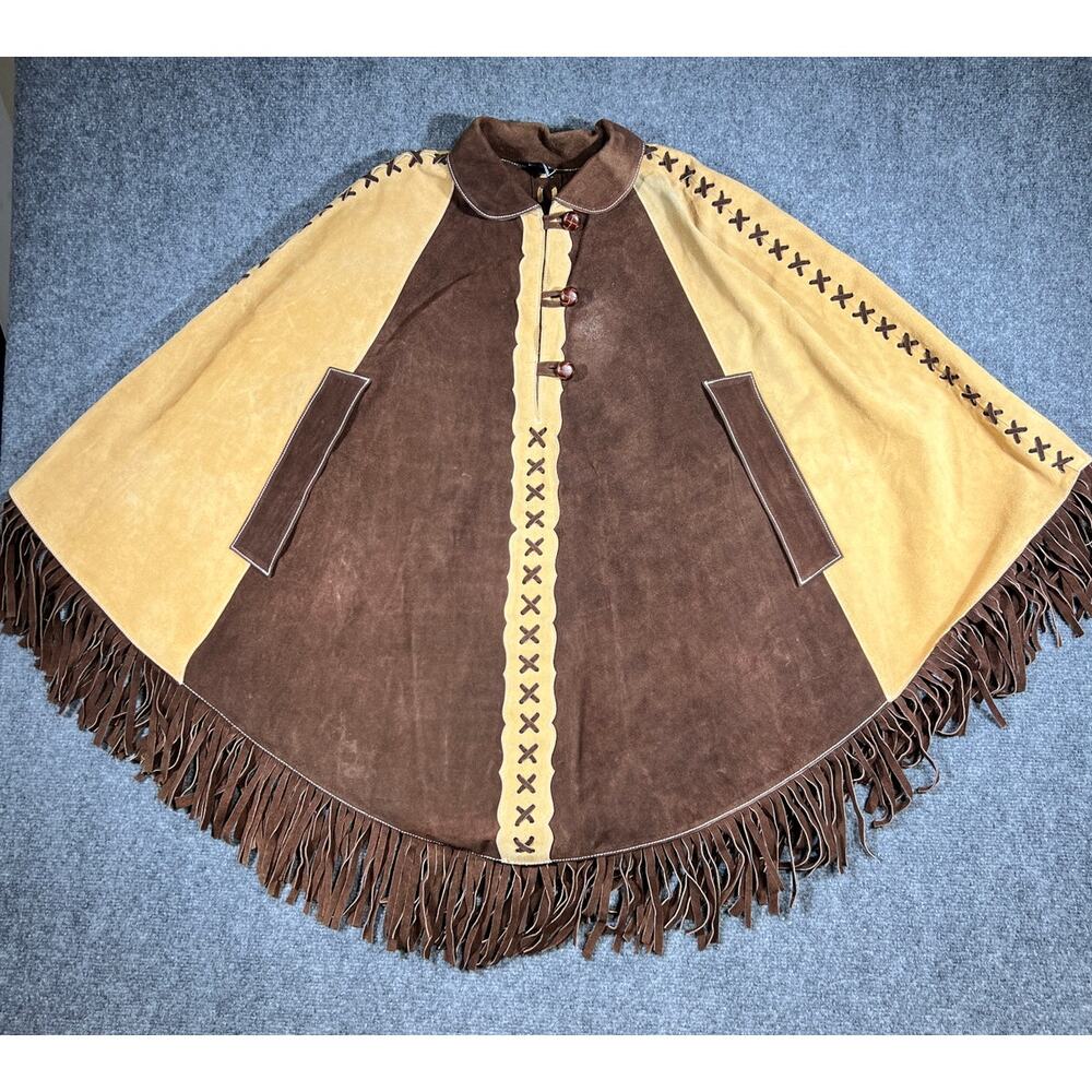 Vintage Genuine Leather Suede Fringe Poncho Cape Boho Brown